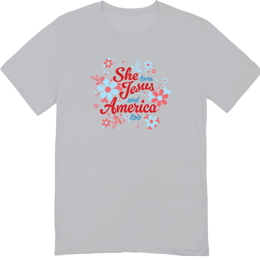 She Loves Jesus and America T-Shirt, Patriotic Faith Design, Women's Short Sleeve, Multiple Colors