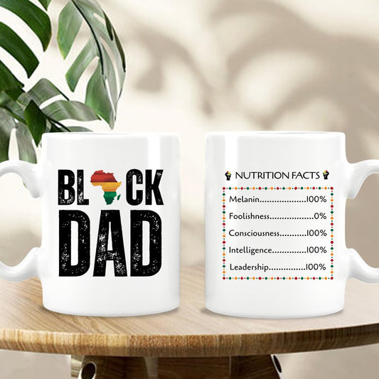 Black Dad Coffee Mug with African Pride Design, Double-Sided Nutrition Facts Print, White Ceramic