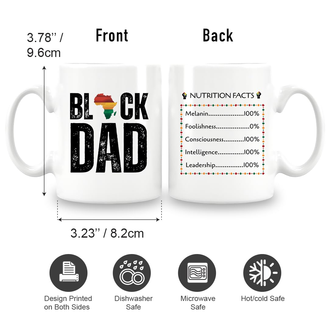 Black Dad Coffee Mug with African Pride Design, Double-Sided Nutrition Facts Print, White Ceramic