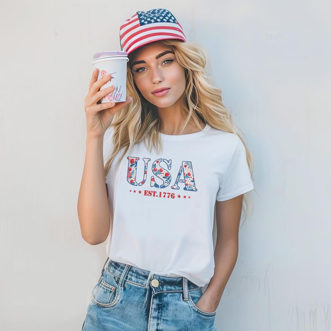 America Fourth of July Embroidered T-Shirt - 4th of July Tee Shirt Embroidery - Patriotic Est 1776 Shirt for Women
