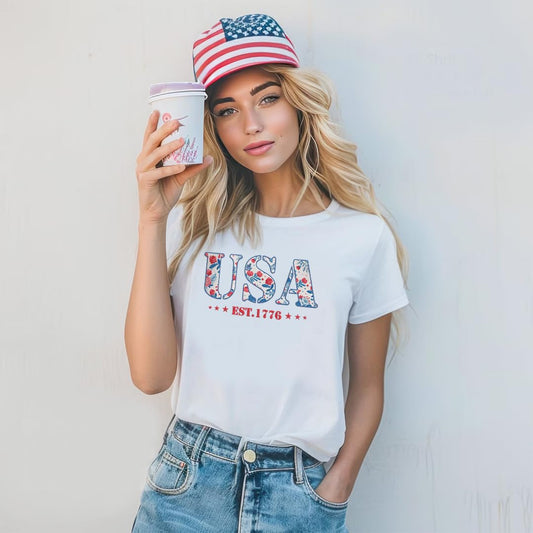 America Fourth of July Embroidered T-Shirt - 4th of July Tee Shirt Embroidery - Patriotic Est 1776 Shirt for Women