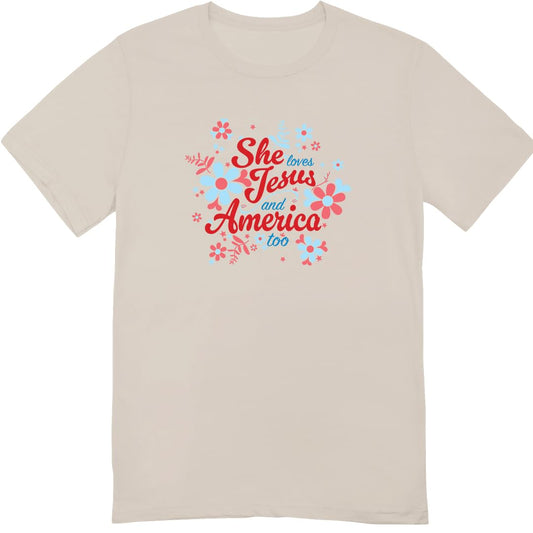 She Loves Jesus and America T-Shirt, Patriotic Faith Design, Women's Short Sleeve, Multiple Colors