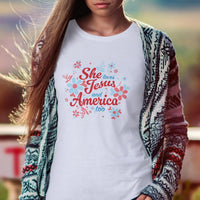 She Loves Jesus and America T-Shirt, Patriotic Faith Design, Women's Short Sleeve, Multiple Colors