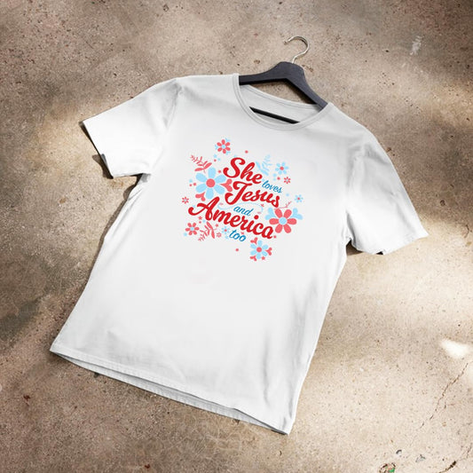 She Loves Jesus and America T-Shirt, Patriotic Faith Design, Women's Short Sleeve, Multiple Colors