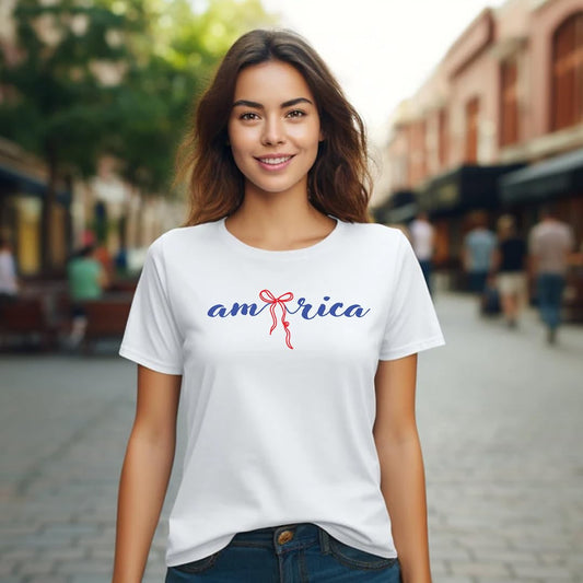 America 4th of July Bow Printed 2-Sided T-Shirt - Daisy Fourth of July Tee Shirt for Women