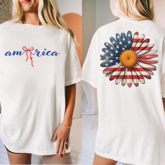 America 4th of July Bow Printed 2-Sided T-Shirt - Daisy Fourth of July Tee Shirt for Women