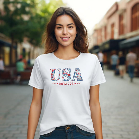 America Fourth of July Embroidered T-Shirt - 4th of July Tee Shirt Embroidery - Patriotic Est 1776 Shirt for Women