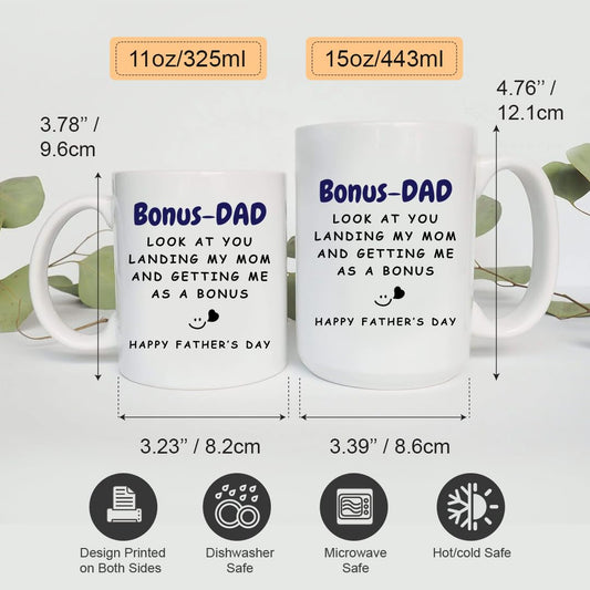 Father's Day Coffee Mug for Step Dad, Funny Stepdad Gift, White Ceramic Cup with Heartwarming Message