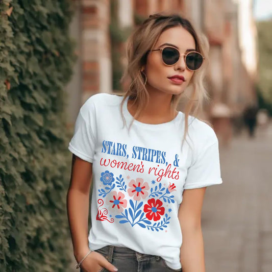 Women's Rights Timeline T-Shirt, Patriotic Floral Design, White Cotton Tee with Historical Milestones