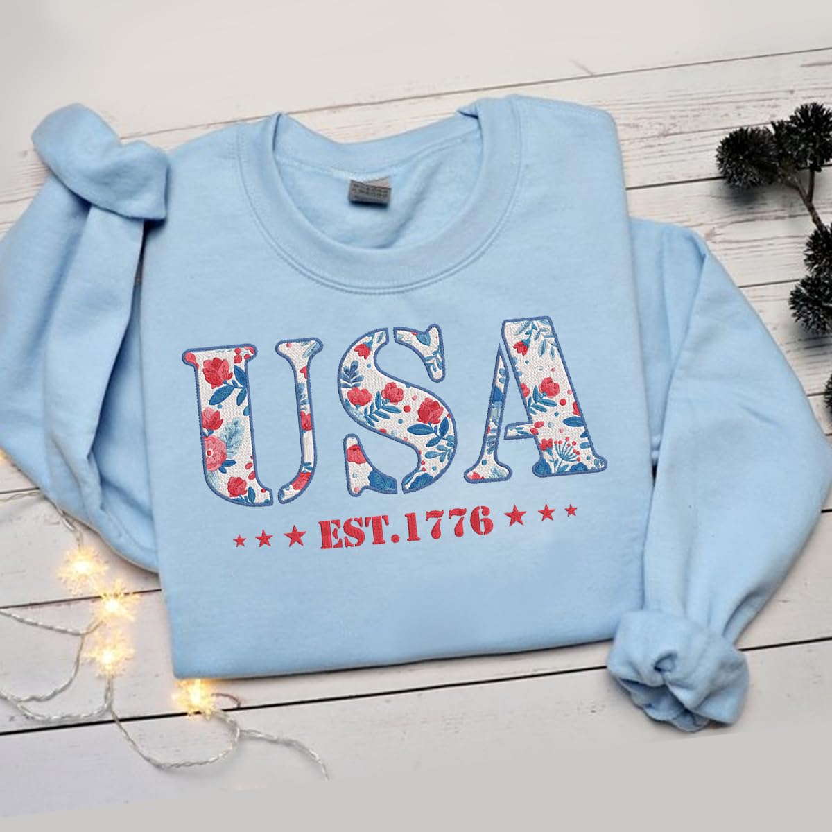 America Fourth of July Embroidered Sweatshirt for Women - 4th of July Shirt Embroidery - Patriotic Est 1776 Shirt for Women