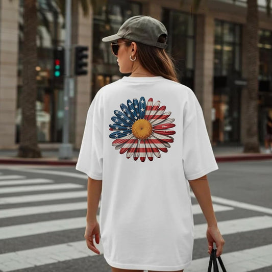 America 4th of July Bow Printed 2-Sided T-Shirt - Daisy Fourth of July Tee Shirt for Women