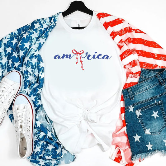 America 4th of July Bow Printed 2-Sided T-Shirt - Daisy Fourth of July Tee Shirt for Women