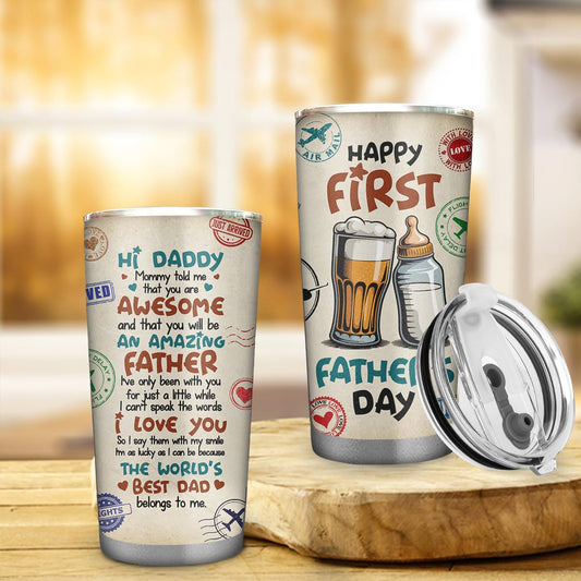 Happy 1st Fathers Day 20oz Tumbler - New Dad Gift - First Fathers Day Best Gifts From Baby Bump Wife - First Time Dad Insulated Stainless Steel Mug