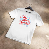 She Loves Jesus and America T-Shirt, Patriotic Faith Design, Women's Short Sleeve, Multiple Colors