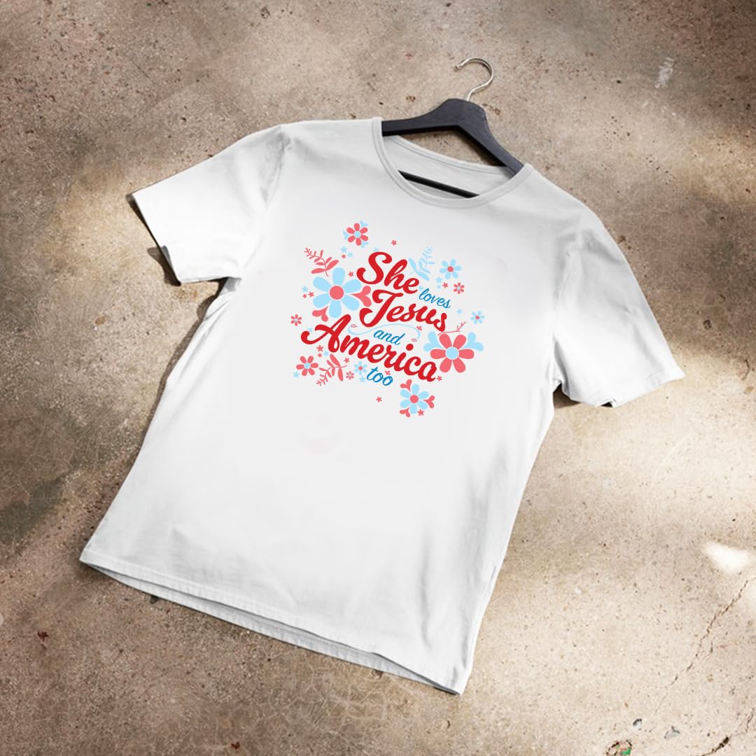 She Loves Jesus and America T-Shirt, Patriotic Faith Design, Women's Short Sleeve, Multiple Colors