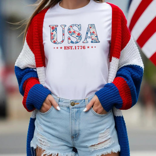 America Fourth of July Embroidered T-Shirt - 4th of July Tee Shirt Embroidery - Patriotic Est 1776 Shirt for Women